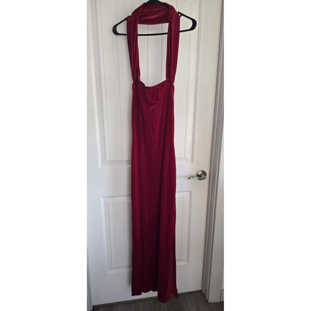 90’s Hugo Buscati Red Velvet Long Dress sz M Halter Neck Slit / Party / Costume